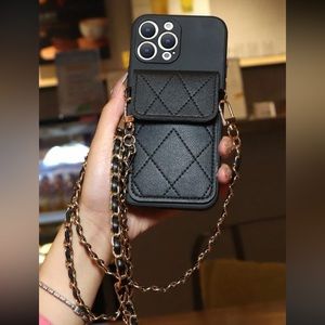 Chic Black Leather Gold iPhone 15 Pro Case w Chain & Wallet Pocket New